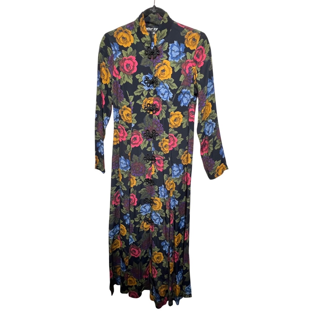 Betsey Johnson Vintage 90s Floral Rayon Maxi Dress Mandarin Collar Frog Button S